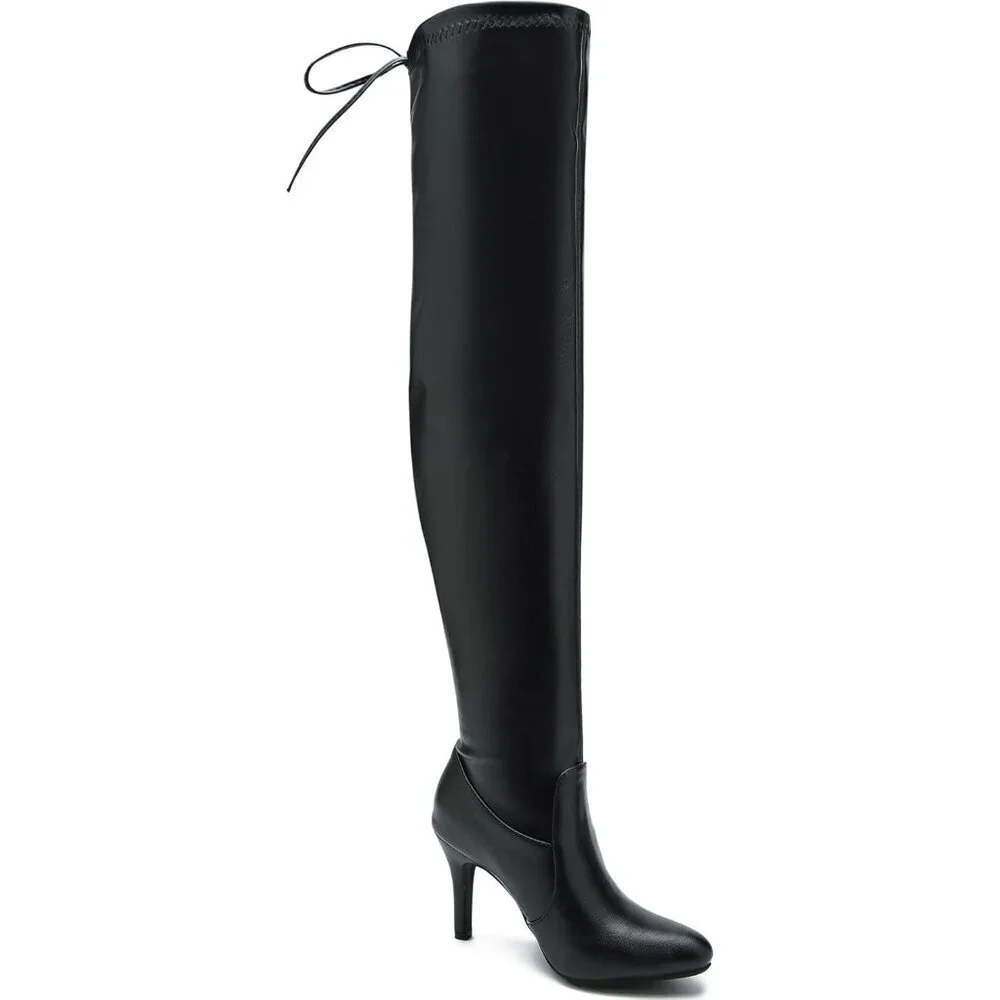 Women Black Polyurethane Pointed Toe Over The Knee Thigh High Stiletto Heel Boot